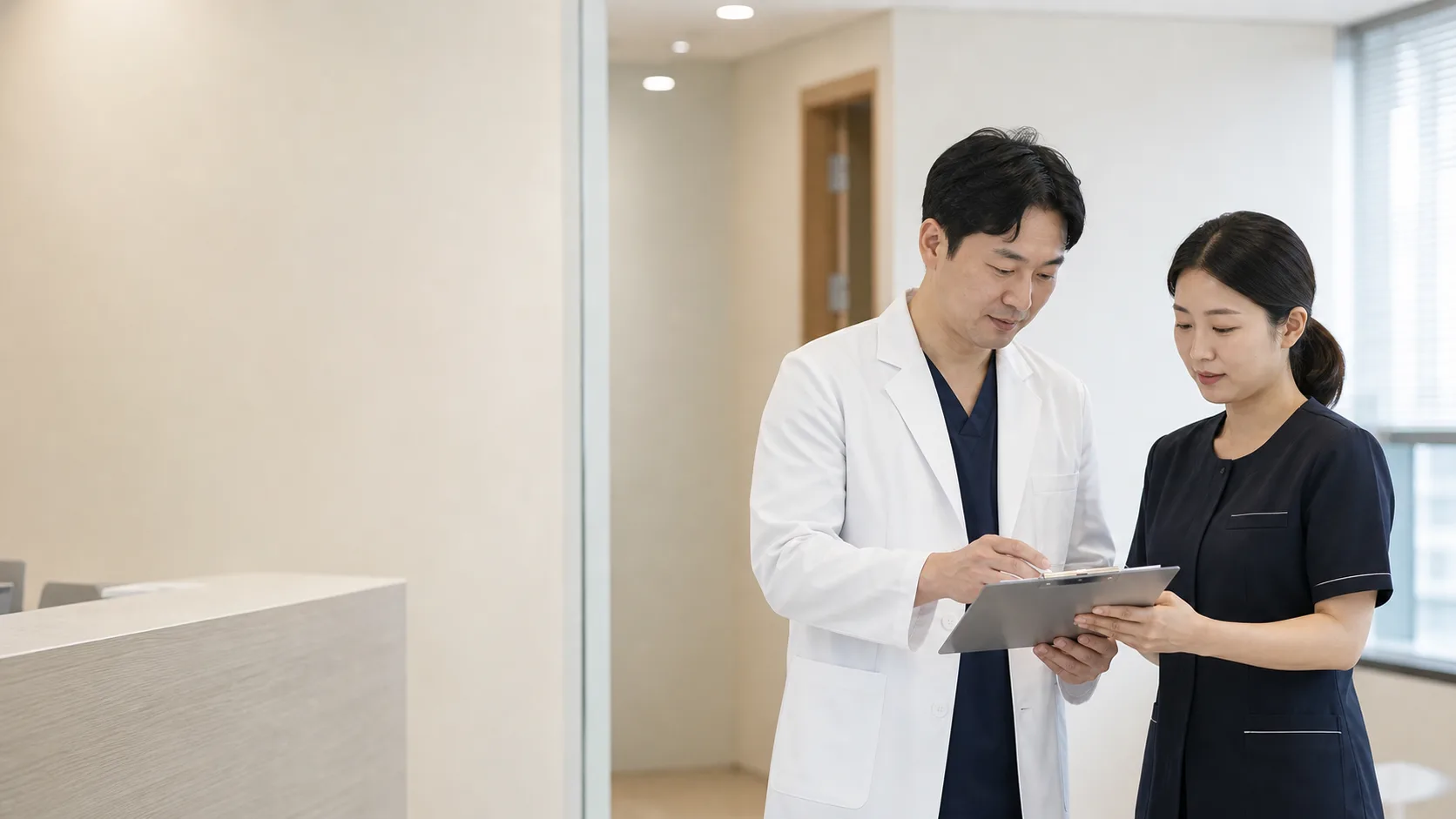 A Korean dentist and clinic coordinator reviewing a patient's chart together