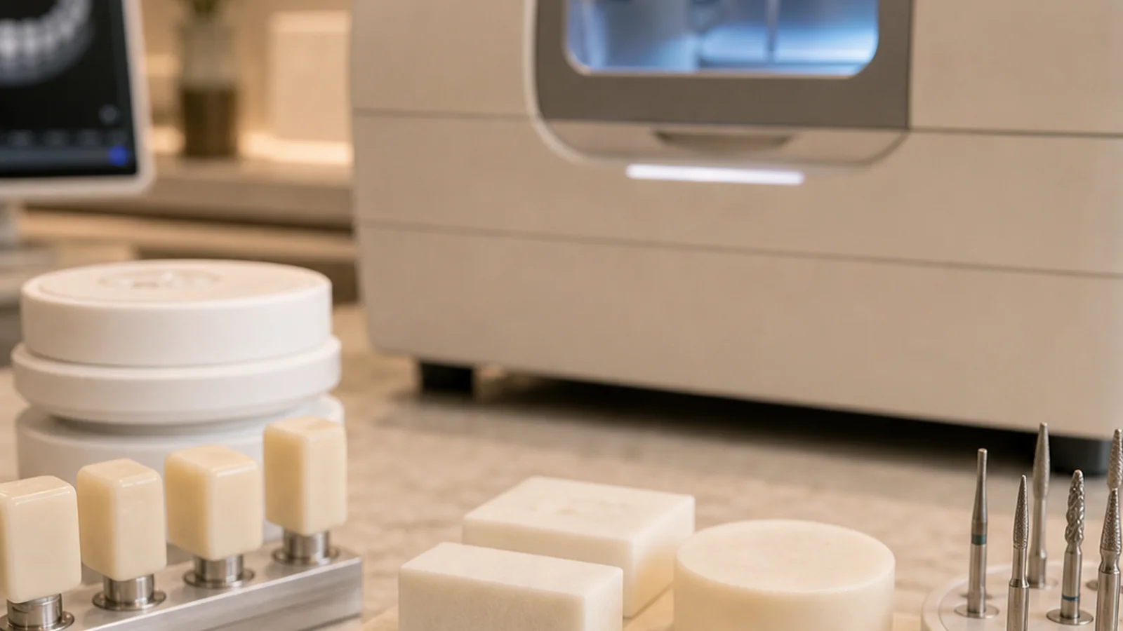 A CAD/CAM unit milling a ceramic restoration in a clinic lab