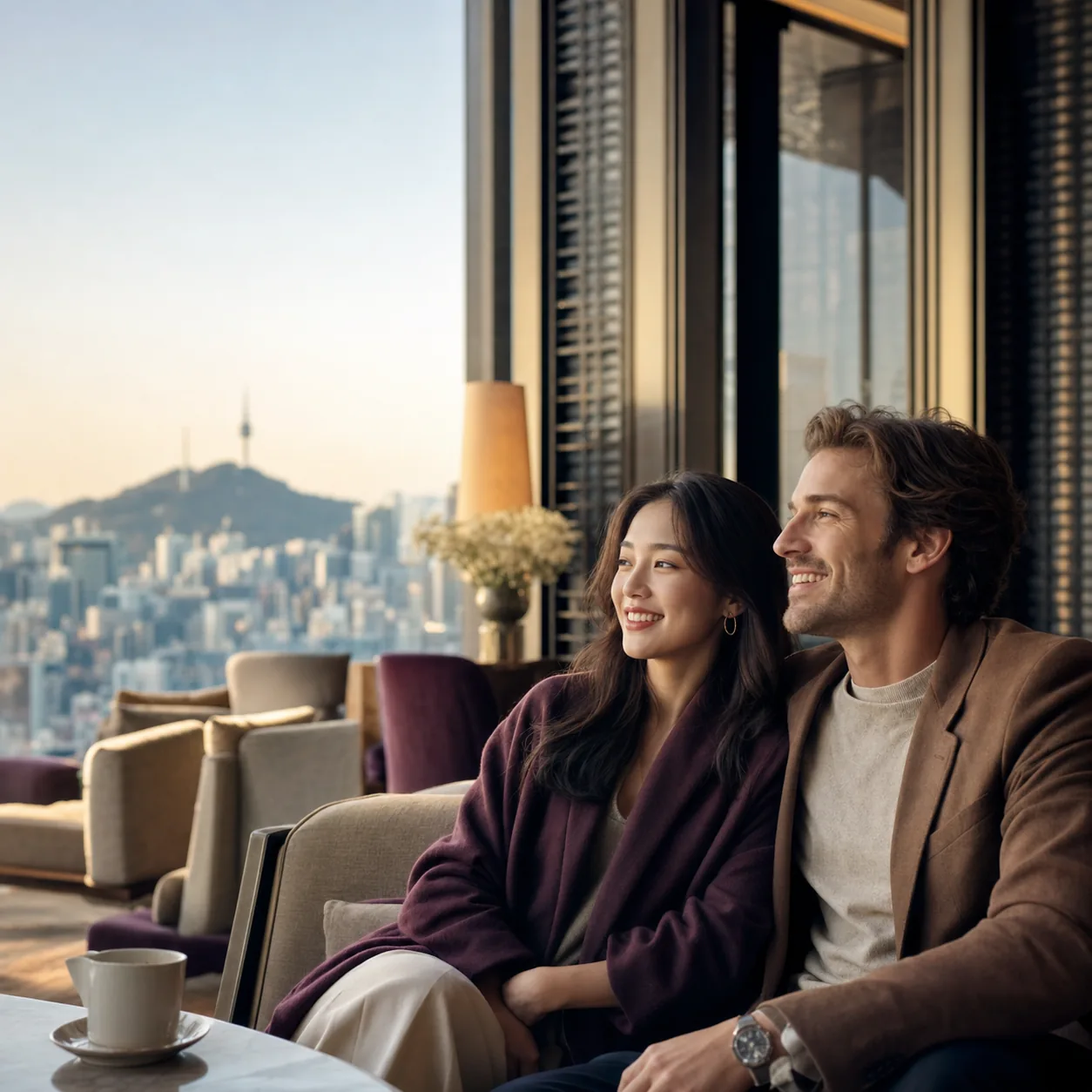 A couple in a Seoul lounge, Namsan and N Seoul Tower beyond the window