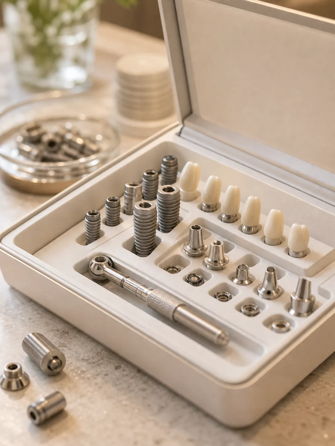The fixture, abutment and crown that make up a dental implant