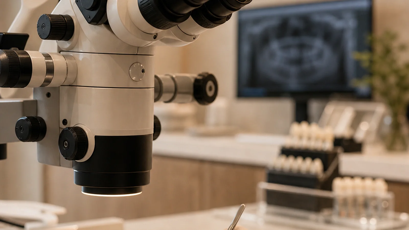 A dentist using a microscope for precise root canal treatment